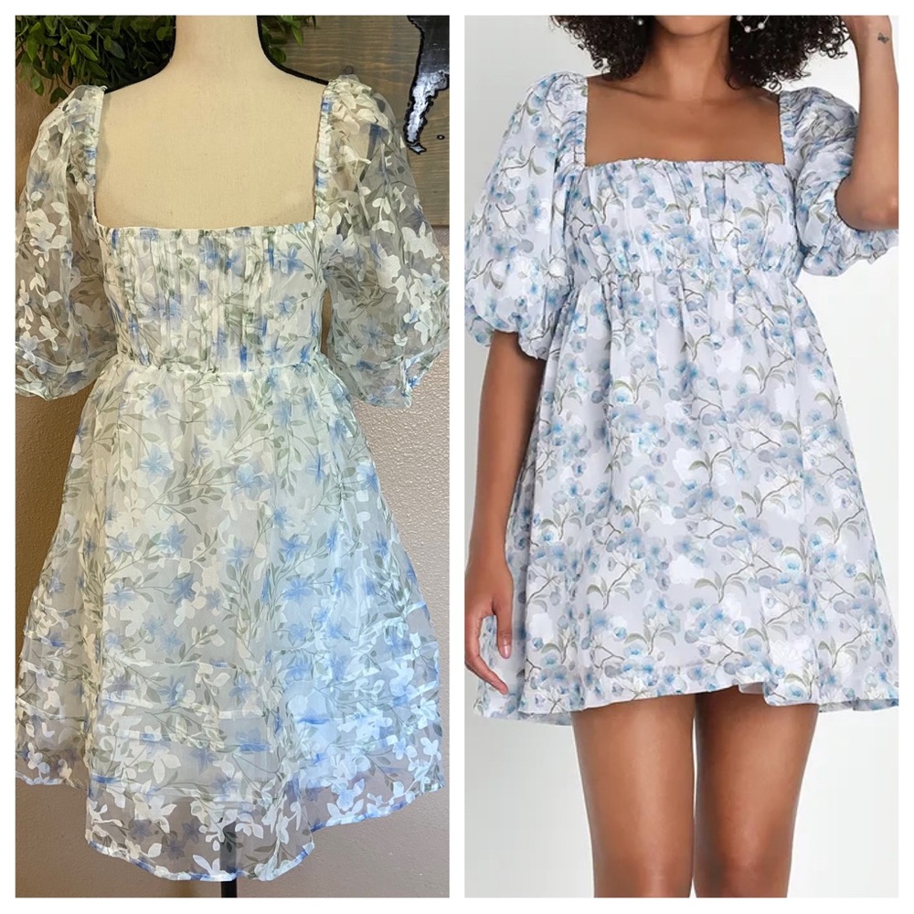 NWOT Lulus White and Blue Floral Puff Sleeve Mini Dress